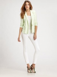 The essential blazer, tailored in a light, lean, feminine fit.Notch collarWelt pocketSingle-button closureFlap pocketsVented backAbout 24 from shoulder to hem90% viscose/10% polyamideDry cleanMade in USAModel shown is 5'9 (175cm) wearing US size 4. The essential blazer, tailored in a light, lean, feminine fit.Notch collarWelt pocketSingle-button closureFlap pocketsVented backAbout 24 from shoulder to hem90% viscose/10% polyamideDry cleanMade in USAModel shown is 5'9 (175cm) wearing US size 4.