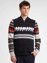 A zippered jacket featuring a lively print and ribbed, solid trim.Front zipperSlash pocketsAbout 28 from shoulder to hemCottonDry cleanImported A zippered jacket featuring a lively print and ribbed, solid trim.Front zipperSlash pocketsAbout 28 from shoulder to hemCottonDry cleanImported