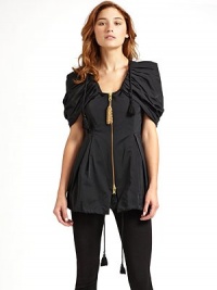 THE LOOKScoop necklineCap sleevesZip front with metal fringe pullDraped wrap panel with drawstring cord and fringe detailsInverted pleatsDrawstring cord with fringe at hemTHE FITAbout 28½ from shoulder to hemTHE MATERIAL60% polyester/40% cottonFully linedCARE & ORIGINDry cleanMade in Italy THE LOOKScoop necklineCap sleevesZip front with metal fringe pullDraped wrap panel with drawstring cord and fringe detailsInverted pleatsDrawstring cord with fringe at hemTHE FITAbout 28½ from shoulder to hemTHE MATERIAL60% polyester/40% cottonFully linedCARE & ORIGINDry cleanMade in Italy
