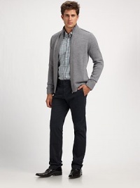 Handsomely crafted in superior wool, fine ribbing along the placket and stitched elbow detail add a sophisticated feel.Zip frontRibbed collar, cuffs and hemWoolMachine washImported Handsomely crafted in superior wool, fine ribbing along the placket and stitched elbow detail add a sophisticated feel.Zip frontRibbed collar, cuffs and hemWoolMachine washImported
