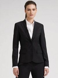 Gently fitted stretch wool in a one-button style with notched lapels. Buttoned cuffs One chest and two side pockets Slightly tapered waist Back vent About 24 from shoulder to hem Fully lined Wool/Lycra Dry clean Imported Gently fitted stretch wool in a one-button style with notched lapels. Buttoned cuffs One chest and two side pockets Slightly tapered waist Back vent About 24 from shoulder to hem Fully lined Wool/Lycra Dry clean Imported