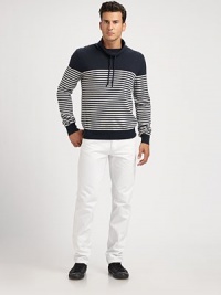 Sporty striped funnel neck constructed in superior wool and cashmere.Drawstring collarRibbed cuffs and hem70% wool/30% cashmereDry CleanImported Sporty striped funnel neck constructed in superior wool and cashmere.Drawstring collarRibbed cuffs and hem70% wool/30% cashmereDry CleanImported