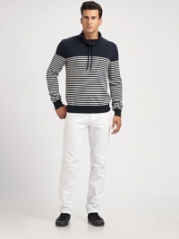 Sporty striped funnel neck constructed in superior wool and cashmere.Drawstring collarRibbed cuffs and hem70% wool/30% cashmereDry CleanImported