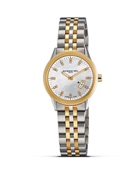 Raymond Weil's two-tone quartz watch has a stainless steel case and bracelet. With a mother-of-pearl dial accented with 24 diamond hour markers and date window. Raymond Weil's two-tone quartz watch has a stainless steel case and bracelet. With a mother-of-pearl dial accented with 24 diamond hour markers and date window.