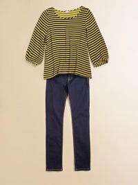 A charming peasant-style blouse updated with allover stripes and a fashion-forward hi/lo hem.BoatneckThree-quarter sleevesHi/lo hemRayon voileMachine washImported A charming peasant-style blouse updated with allover stripes and a fashion-forward hi/lo hem.BoatneckThree-quarter sleevesHi/lo hemRayon voileMachine washImported
