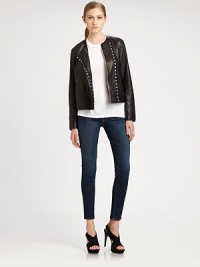 Lustrous leather jacket equipped with a zip-front closure, asymmetrical snap panel and zipped cuffs. RoundneckLong sleeves with zippered cuffsFront zipper; asymmetrical snap closuresSlash pocketsExposed back zipperAbout 22 from shoulder to hemLeatherDry clean with leather specialistImportedModel shown is 5'10 (177cm) wearing US size 2. Lustrous leather jacket equipped with a zip-front closure, asymmetrical snap panel and zipped cuffs. RoundneckLong sleeves with zippered cuffsFront zipper; asymmetrical snap closuresSlash pocketsExposed back zipperAbout 22 from shoulder to hemLeatherDry clean with leather specialistImportedModel shown is 5'10 (177cm) wearing US size 2.