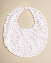 Crafted in super soft pima cotton, this cute heart print bib has a solid terry cloth underside for comfort and absorption. Crafted in super soft pima cotton, this cute heart print bib has a solid terry cloth underside for comfort and absorption.