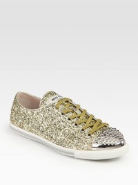 Sporty leather classic updated by a glitter upper, studded metal toecap and metallic leather trim. Glitter leather and metallic leather upper with metal toecapLeather lining and solePadded insoleImportedOUR FIT MODEL RECOMMENDS ordering true size. Sporty leather classic updated by a glitter upper, studded metal toecap and metallic leather trim. Glitter leather and metallic leather upper with metal toecapLeather lining and solePadded insoleImportedOUR FIT MODEL RECOMMENDS ordering true size.