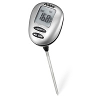 Allows a quicker transfer of heat to the sensing probe resulting in reading times as fast as 6-8 seconds (up from the standard 10-30 seconds most thermometers offer). Ergonomic design for comfort and easy reading angle. Preset buttons let you cook to your liking for meat type and doneness. Water resistant design for safe cleaning under running water. SPEED-READ™ probe for quick results. Large, easy-to-read screen. Celsius / Fahrenheit button. Includes battery and protective sheath with USDA food temperature chart Allows a quicker transfer of heat to the sensing probe resulting in reading times as fast as 6-8 seconds (up from the standard 10-30 seconds most thermometers offer). Ergonomic design for comfort and easy reading angle. Preset buttons let you cook to your liking for meat type and doneness. Water resistant design for safe cleaning under running water. SPEED-READ™ probe for quick results. Large, easy-to-read screen. Celsius / Fahrenheit button. Includes battery and protective sheath with USDA food temperature chart