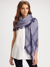 Wool/silk GG pattern shawl with fringe trim. About 45 X 49 70% wool/30% silk; dry clean Made in Italy 