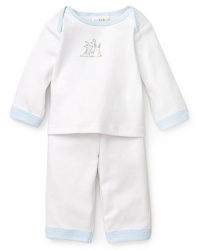 Designed by Absorba for cozy comfort all day long, the beautifully rendered matching shirt and pant set feature contrast trim and rabbit print. Designed by Absorba for cozy comfort all day long, the beautifully rendered matching shirt and pant set feature contrast trim and rabbit print.