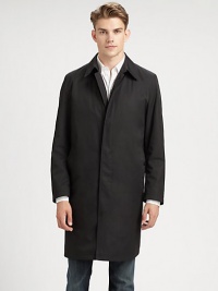 Sleek single-breasted styling in a water-resistant microfiber, a tailored all-weather staple.Point collarButton frontSlash pocketsAbout 40 from shoulder to hemMicro-polyesterDry cleanImported Sleek single-breasted styling in a water-resistant microfiber, a tailored all-weather staple.Point collarButton frontSlash pocketsAbout 40 from shoulder to hemMicro-polyesterDry cleanImported