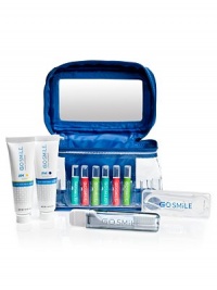 The perfectly portable way to keep your smile white. Convenient kit includes a train case with built-in mirror (6½L) containing six assorted Touch Up® ampules (.02fl/.59 ml each), travel-sized tubes of AM and PM Toothpaste (1oz/28g each), a travel toothbrush and a case of floss picks. Your smile will be white and healthy, in any time zone! 