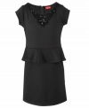 Lovely modest solid peplum dress by Ruby Rox with a little bling at embroidered neckline.