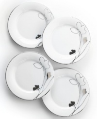Wildflowers take off on glazed white porcelain, sparkling as they tumble aimlessly around Platinum Silhouette appetizer plates. A banded edge adds a classic touch to a pattern with modern spirit. Wildflowers take off on glazed white porcelain, sparkling as they tumble aimlessly around Platinum Silhouette appetizer plates. A banded edge adds a classic touch to a pattern with modern spirit.