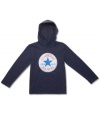 Keep your little All Star warm in the one layering piece that you'll never need to nag him to put on: Converse fleece logo hoodie with kangaroo pocket.