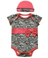 Take a walk on the wild side by dressing her in this stand-out bodysuit and hat from Baby Essentials. Take a walk on the wild side by dressing her in this stand-out bodysuit and hat from Baby Essentials.