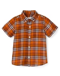 Check printed cotton in a warm orange hue adds grown-up charm to this Burberry shirt for boys. Check printed cotton in a warm orange hue adds grown-up charm to this Burberry shirt for boys.