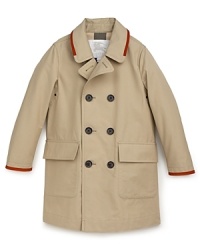 It's tradition at its finest -- this handsome peacoat is crafted with Burberry's authentic attention to detail, adding orange trim to its classic design. It's tradition at its finest -- this handsome peacoat is crafted with Burberry's authentic attention to detail, adding orange trim to its classic design.