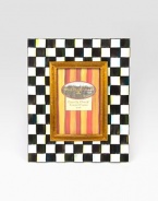 Display your treasured moments in this opulent, hand-painted frame with gilt inner molding.Hand-painted checks on enameled steelGlassAccommodates a 4 X 6 photographOverall, 9 X 11Linen-covered easel and backImported