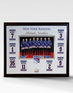 This gorgeous retired-numbers collage is a must have for any New York Rangers fan. This handsomely framed collage features a rare photograph of every Rangers legend, a replica of their retired-number banner and a piece of authentic game-used net. A must-have piece for any Rangers fan. Includes piece of game-used net and certificate of authenticity 35W X 30H Made in USA 