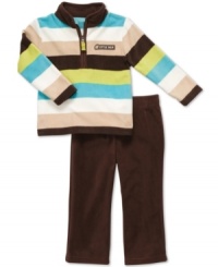 Bright stripes and soft features make this Carter's shirt and pant set a great outfitting option to keep him warm and comfy all day. Bright stripes and soft features make this Carter's shirt and pant set a great outfitting option to keep him warm and comfy all day.