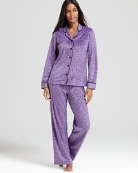 Ready, set, sleep in LAYLA's cheetah-print pajamas with contrast trim and a classic notch-collar top. Ready, set, sleep in LAYLA's cheetah-print pajamas with contrast trim and a classic notch-collar top.