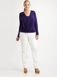 A feminine design with a convenient attached tank top and an elegant draped front for maximum appeal. Draped frontLong sleevesAttached tank topPull-on styleAbout 26 from shoulder to hemRayonMachine washImported A feminine design with a convenient attached tank top and an elegant draped front for maximum appeal. Draped frontLong sleevesAttached tank topPull-on styleAbout 26 from shoulder to hemRayonMachine washImported