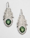 From the Emerald City Collection. Fabulous feather-shaped drops are long on drama and shimmer, with rows of channel-set clear stones and a faceted deep green eye at the tip.Glass and plasticSilvertoneLength, about 3Width, about 1Ear wireImported