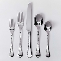 The beautiful combination of the rustic, hammered texture and mirrored finish on this flatware assortment is sure to add just the right touch of interest to your table. This set includes four, 5-piece place settings by Ginkgo. Dishwasher safe. The beautiful combination of the rustic, hammered texture and mirrored finish on this flatware assortment is sure to add just the right touch of interest to your table. This set includes four, 5-piece place settings by Ginkgo. Dishwasher safe.
