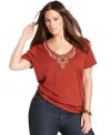 Top off your weekend look with Lucky Brand Jeans' plus size tee, featuring an embellished neckline.