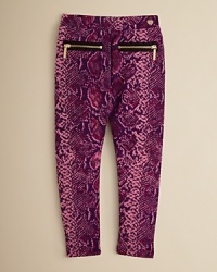A fashion-forward look for the the kindergarten set, these wildly adorable leggings feature a snakeskin print and double zip front pockets. The elastic waist and a bit of stretch keep them comfortable. A fashion-forward look for the the kindergarten set, these wildly adorable leggings feature a snakeskin print and double zip front pockets. The elastic waist and a bit of stretch keep them comfortable.