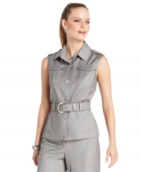 Calvin Klein's sleeveless jacket looks sharp with military-inspired styling and a belted waist. A perfect way to top off your workday look for summer! Calvin Klein's sleeveless jacket looks sharp with military-inspired styling and a belted waist. A perfect way to top off your workday look for summer!