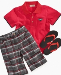 Suiting up for the surf won't be a problem thanks to this polo shirt, plaid shorts and sandals set from Kids Headquarters. Suiting up for the surf won't be a problem thanks to this polo shirt, plaid shorts and sandals set from Kids Headquarters.