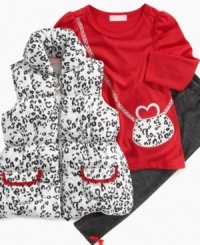 Your little lady will be rocking big girl style in this darling puffer vest, denim leggings and purse print top by Kids Headquarters. Your little lady will be rocking big girl style in this darling puffer vest, denim leggings and purse print top by Kids Headquarters.