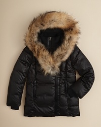 A classic puffer, updated with luxe details including a fur-trimmed hood, knit collar and on-trend asymmetrical zip front. A classic puffer, updated with luxe details including a fur-trimmed hood, knit collar and on-trend asymmetrical zip front.