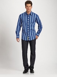 Multiple stripes and contrast trim on the cuffs combined with a boldy, magnetic hue adds character to this premium cotton classic.Button-frontPoint collarCottonDry cleanImported Multiple stripes and contrast trim on the cuffs combined with a boldy, magnetic hue adds character to this premium cotton classic.Button-frontPoint collarCottonDry cleanImported