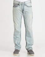 A light, clean hue is accented by requisite contrast topstitching in a straight-leg silhouette for a fresh and stylish ensemble.Five-pocket styleZip flyStitched back flap pocketsInseam, about 32CottonMachine washMade in USA