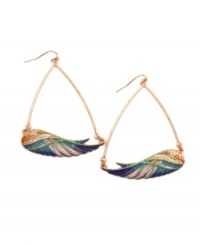 Flight of fancy: Feathers stand out as a key trend in jewelry, and RACHEL Rachel Roy distinctively interprets them in the form of these chic, large-scale hoop earrings. Crafted in rose gold tone mixed metal with glass detailing. Approximate diameter: 1 inch. Flight of fancy: Feathers stand out as a key trend in jewelry, and RACHEL Rachel Roy distinctively interprets them in the form of these chic, large-scale hoop earrings. Crafted in rose gold tone mixed metal with glass detailing. Approximate diameter: 1 inch.