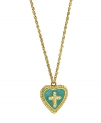 Add a layer of love and devotion. Vatican pendant features a unique way to show your faith with a heart-shaped cross design accented with a turquoise-colored enamel background. Setting, chain, and cross crafted in gold tone mixed metal. Approximate length: 18 inches. Approximate drop: 3/4 inch.