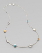 A long delicate, sterling silver link chain with beautiful semi-precious stone stations for a truly elegant look. Mother-of-pearl, honey mother-of-pearl doublet accented with clear quartz, denim mother-of-pearl doublet accented with clear quartz and clear quartzSterling silverLength, about 40Lobster clasp closureImported 