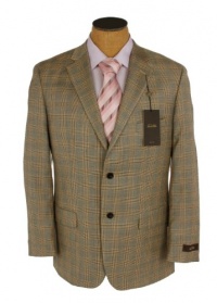 Tasso Elba Mens 2 Button Khaki Cream Plaid Silk Wool Sport Coat Jacket