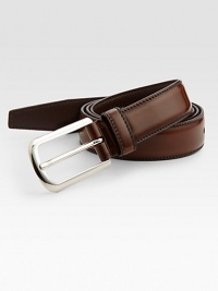 Smooth calfskin leather with impeccable stitch detail, finished with a classic metal buckle.LeatherAbout 1 wideMade in Italy Smooth calfskin leather with impeccable stitch detail, finished with a classic metal buckle.LeatherAbout 1 wideMade in Italy