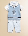 A basic one-piece knit makes a handsome statement with anchor design and colorful stripes.Point collarShort sleevesFront buttonsBottom snaps for easy on and offCottonMachine washImported Please note: Numbers of buttons and snaps may vary depending on size ordered. 