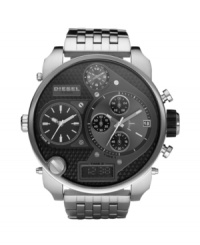 Because you never know. Be prepared for anything with this analog-digital Diesel watch's ability to track four different times. Stainless steel bracelet and round case, 60x20mm. Black patterned dial features three analog subdials, one negative display digital dial, date window, white stick indices, silver tone screws, luminous hands and logo. Quartz movement. Water resistant to 50 meters. Two-year limited warranty. Because you never know. Be prepared for anything with this analog-digital Diesel watch's ability to track four different times. Stainless steel bracelet and round case, 60x20mm. Black patterned dial features three analog subdials, one negative display digital dial, date window, white stick indices, silver tone screws, luminous hands and logo. Quartz movement. Water resistant to 50 meters. Two-year limited warranty.