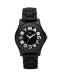 Wear your logo love on your sleeve with MARC BY MARC JACOBS' cool black chronograph. Team this graphic style with everything from saturated denim to a kicky leather mini. Wear your logo love on your sleeve with MARC BY MARC JACOBS' cool black chronograph. Team this graphic style with everything from saturated denim to a kicky leather mini.