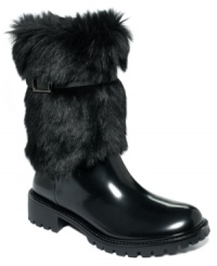 Take on the cold weather in style with the Calgary faux-fur cold weather boots by DKNY Active. Faux fur lines the shaft, while a shiny rubber finish adds polish to the upper. Take on the cold weather in style with the Calgary faux-fur cold weather boots by DKNY Active. Faux fur lines the shaft, while a shiny rubber finish adds polish to the upper.