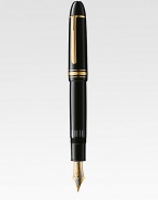 The legendary Meisterstück 149 piston fountain pen, is accented with a 18kt gold tip with rhodium-plated inlay, gold-plated clip and rings and finished with barrel and cap made of precious black resin.FountainGold-plated clipResin with inlaid logo emblemAbout 5¼ longMade in Germany