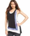 An asymmetrical overlay with mesh details adds a modern appeal to this BCBGMAXAZRIA tank -- perfectly paired with skinny jeans!