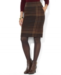Crafted in a classic plaid pattern, Lauren Ralph Lauren's chic skirt is tailored in a sophisticated straight silhouette with clean lines and hallmark details for a heritage-inspired look. Crafted in a classic plaid pattern, Lauren Ralph Lauren's chic skirt is tailored in a sophisticated straight silhouette with clean lines and hallmark details for a heritage-inspired look.